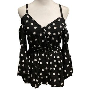 Cato Small Black and White Polka Dot Cold Shoulder Bat Wing Blouse